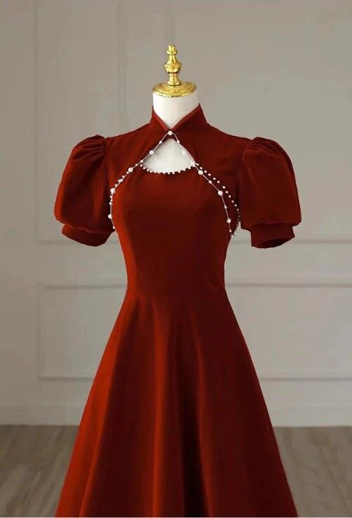 New red ladies long beaded high-end ball gown evening dress Chinese cheongsam nv1818