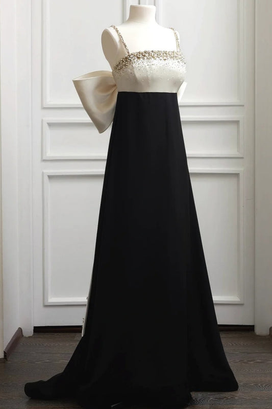 Robe de soirée de luxe noire et blanche ornée de perles dorées - NiceVestidos NV6093