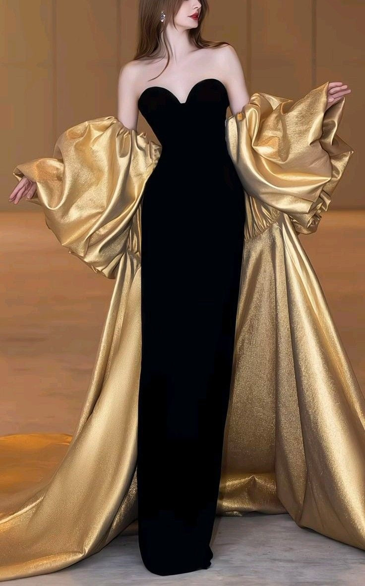 NiceVestidos - Robe noire cintrée minimaliste avec châle doré NV6070