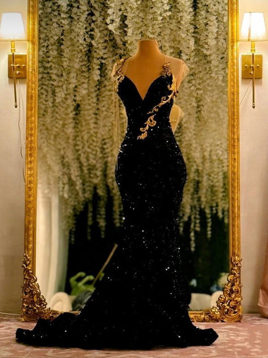 NiceVestidos - Robe de soirée longue noire et glamour à sequins, ornée de délicates broderies dorées. NV6098