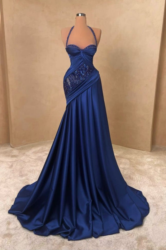 Robe longue NiceVestidos bleue à col halter et perles NV6101
