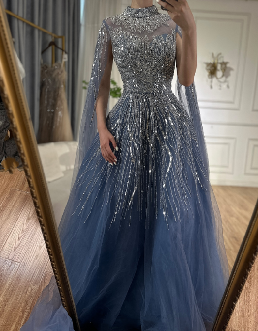 NiceVestidos - Robe longue en tulle bleu, exquise et luxueuse NV6074