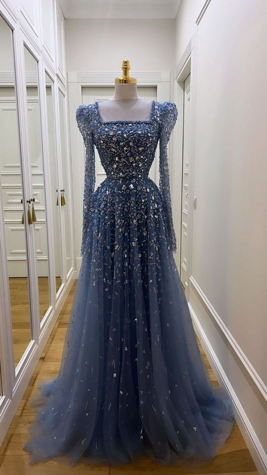 NiceVestidos - Robe de bal longue en tulle bleu, luxueuse et ornée de perles exquises NV6072