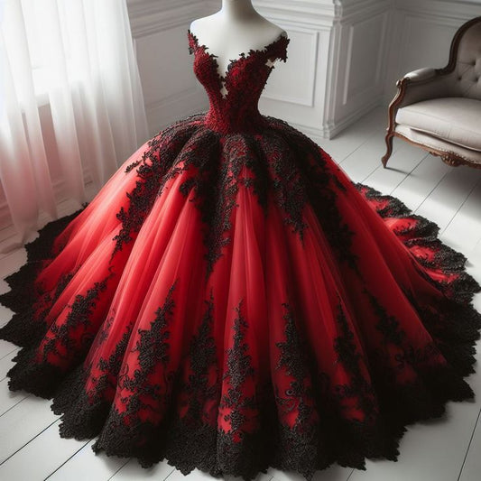 NiceVestidos - Robe de bal longue en tulle noir et dentelle délicate bordeaux NV6064