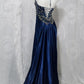 Blue vintage fashion elegant exquisite beaded long satin backless ball gown evening dress nv3625
