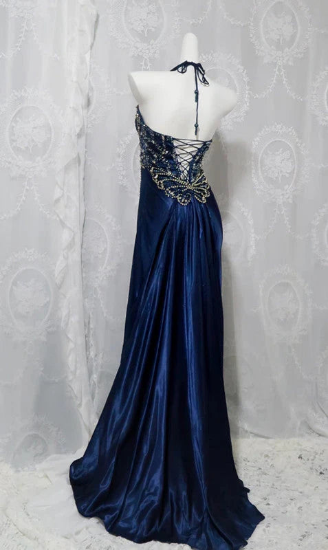 Navy Blue Gorgeous Fashion Elegant A-line Backless Sleeveless Slit Beaded Long Ball Gown Evening Party Dress Prom Dress nv3846
