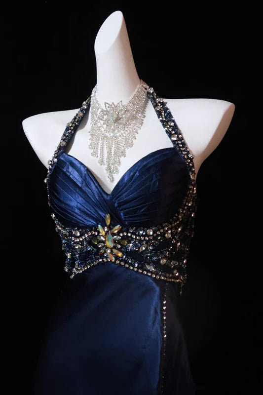 Navy Blue Gorgeous Fashion Elegant A-line Backless Sleeveless Slit Beaded Long Ball Gown Evening Party Dress Prom Dress nv3846