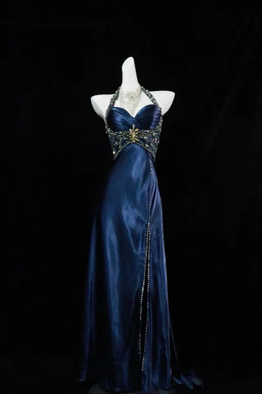 Blue vintage fashion elegant exquisite beaded long satin backless ball gown evening dress nv3625