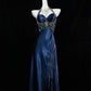 Navy Blue Gorgeous Fashion Elegant A-line Backless Sleeveless Slit Beaded Long Ball Gown Evening Party Dress Prom Dress nv3846