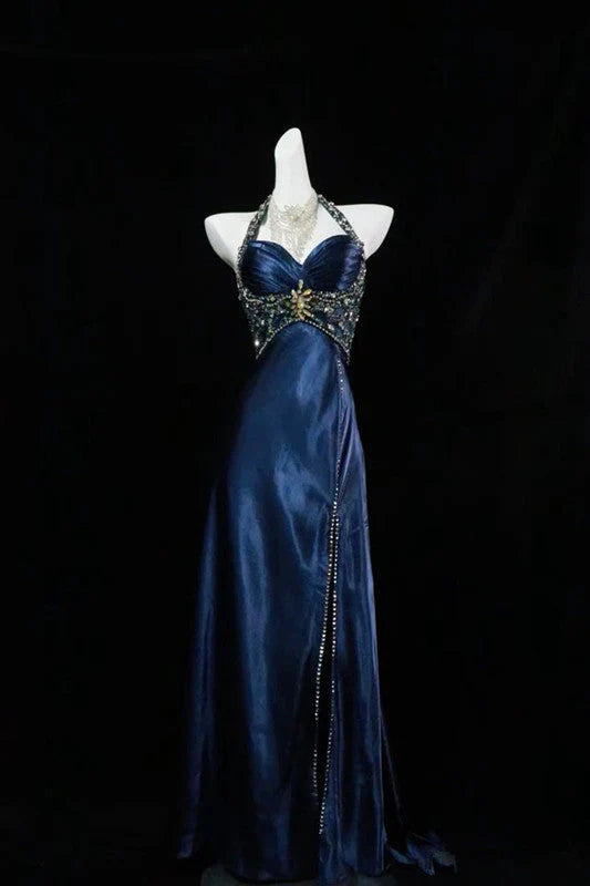 Navy Blue Gorgeous Fashion Elegant A-line Backless Sleeveless Slit Beaded Long Ball Gown Evening Party Dress Prom Dress nv3846