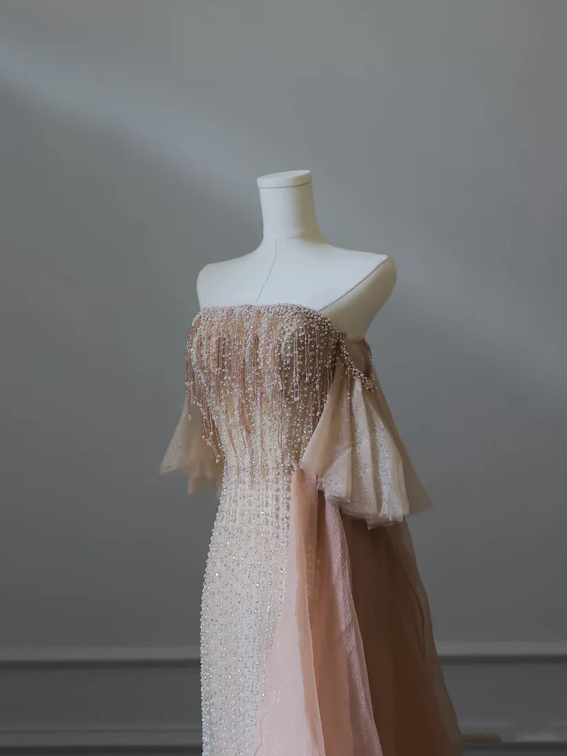 Pink Luxury Gorgeous Heavy Exquisite Beading Sexy A-Line Off Shoulder Sequin Long Tulle Elegant Ball Gown Evening Dress nv3813