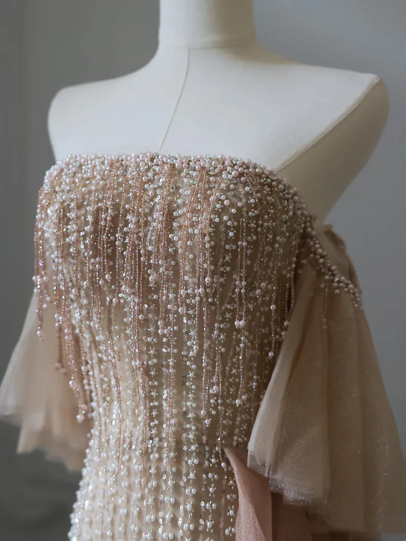 Pink Luxury Gorgeous Heavy Exquisite Beading Sexy A-Line Off Shoulder Sequin Long Tulle Elegant Ball Gown Evening Dress nv3813