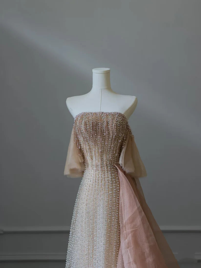 Pink Luxury Gorgeous Heavy Exquisite Beading Sexy A-Line Off Shoulder Sequin Long Tulle Elegant Ball Gown Evening Dress nv3813