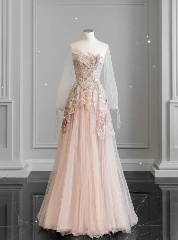 Pink Sweet Sparkling Off-the-shoulder Beaded Long Elegant Tulle Formal Prom Dress Evening Gown nv3475