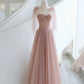 A-Line Pink Round Neck Tulle Long Prom Dresses, Pink Formal Evening Dress nv1528