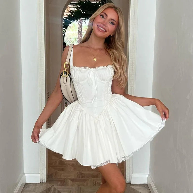 Lace Backless Pleated Short Skirt Slim Fit Corset Sexy Mini Dress French Elegant White Gown nv1712