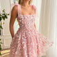 Cute A Line Pink Lace Floral Prom Dresses, Beaded Pink Homecoming Dresses, Short Pink Formal Evening Dresses with 3D Flowers nv1510