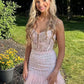 Cute V Neck Pink Lace Prom Dress with Feather Short Pink Lace Homecoming Dress Pink Formal Evening Dress nv1565