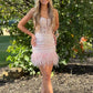 Cute V Neck Pink Lace Prom Dress with Feather Short Pink Lace Homecoming Dress Pink Formal Evening Dress nv1565
