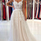 Champagne A-Line Lace Long Prom Dresses, Champagne Formal Evening Dresses nv1525
