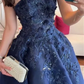 Navy Blue 3D Floral Beaded Ball Gown - Strapless Floor-Length Evening Dress NV6873