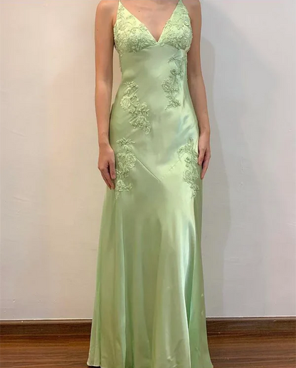 Sage Green/Pink Vintage V Neck Beaded Spaghetti Strap Backless Long Mermaid Ball Gown Evening Dress Formal Party Dress nv3599