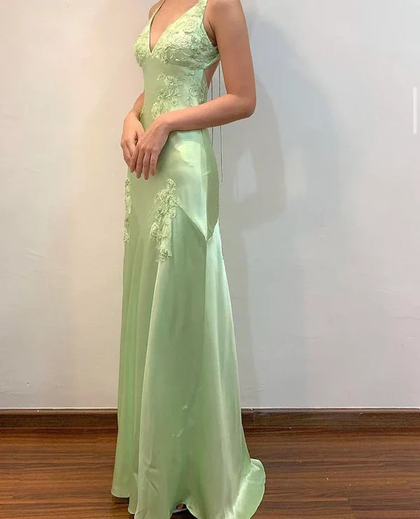 Sage Green/Pink Vintage V Neck Beaded Spaghetti Strap Backless Long Mermaid Ball Gown Evening Dress Formal Party Dress nv3599