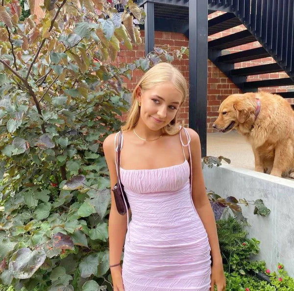 Pink Elegant Spaghetti Strap Pleated Long Banquet Dress Wedding Guest Dress Evening Dress Party Dress Prom Dress nv1784