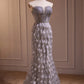 Glittery Tulle Off-the-shoulder Mermaid Long Ball Gown Evening Dress with Beaded Feathers nv2048