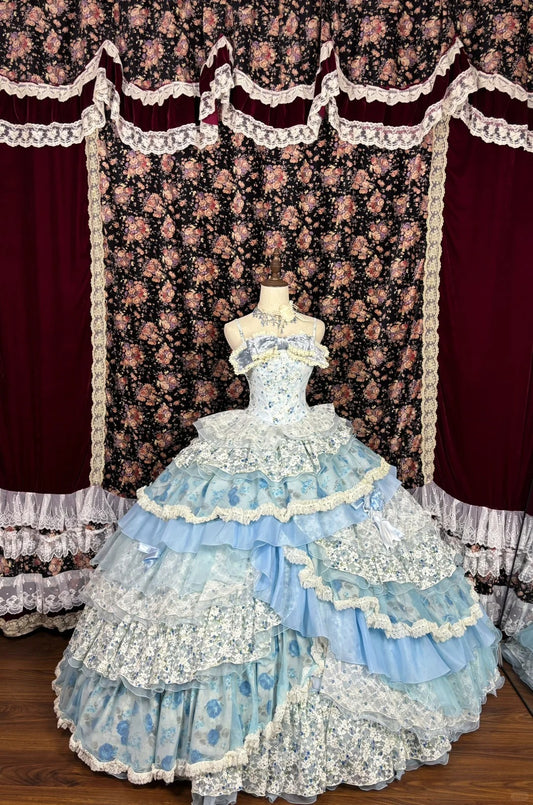 Blue floral princess long tulle ball gown evening dress quinceanera dress nv4651