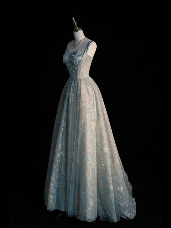 Blue Vintage Elegant A-Line Spaghetti Straps Tulle Lace Satin Long Ball Gown Evening Dress Formal Party Dress Prom Dress nv3758