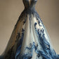 Blue A-line V-neck beaded tulle long ball gown evening dress party dress nv3759