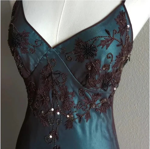 Blue/Reddish Brown/Green Beaded Vintage Evening Gown Spaghetti Strap Chiffon Long Ball Gown nv4269