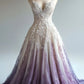 Pink and purple elegant gradient exquisite beaded applique A-line sweetheart neck strap tulle long ball gown evening gown wedding dress nv3754