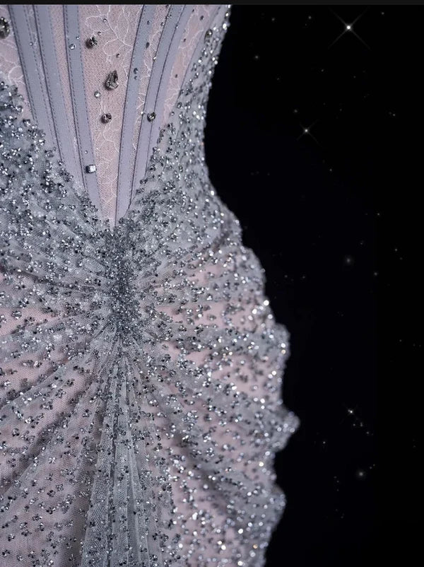 Silver Gorgeous Exquisite Shiny Mermaid Off-the-shoulder Tulle Rhinestone Long Sequined Prom Dress Formal Graduation Dress Evening Gown nv3794