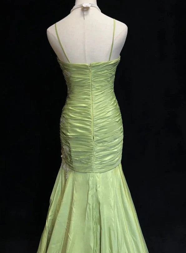 Green Vintage Sweetheart Neck Mermaid Spaghetti Straps Satin Beaded Sequin Long Ball Gown Evening Dress nv4167