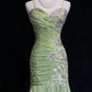Green Vintage Sweetheart Neck Mermaid Spaghetti Straps Satin Beaded Sequin Long Ball Gown Evening Dress nv4167