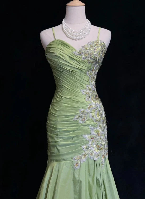 Green Vintage Sweetheart Neck Mermaid Spaghetti Straps Satin Beaded Sequin Long Ball Gown Evening Dress nv4167