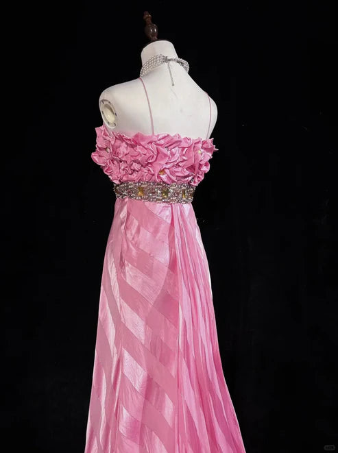 Pink Fashion Ruffled Mermaid Satin Beaded Long Ball Gown Evening Dress Beautiful Bride Wedding Dress nv4291