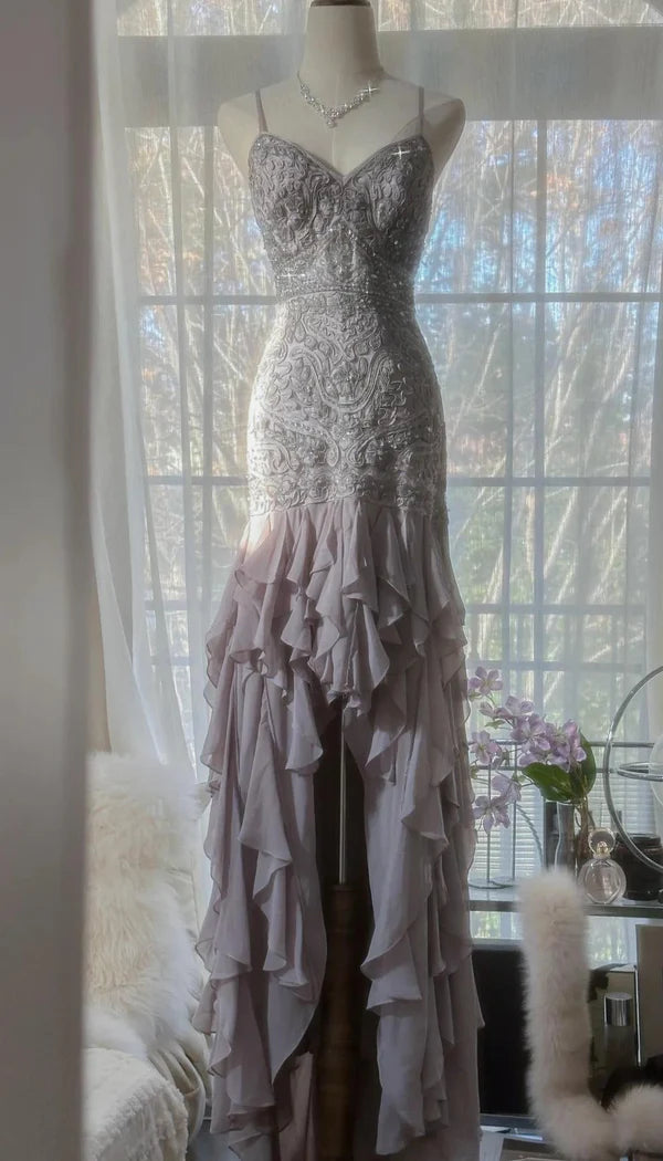 Elegant Purple Spaghetti Strap Applique Bodycon Backless Evening Dress Chiffon Sequin Long Ball Gown Party Dress nv4111