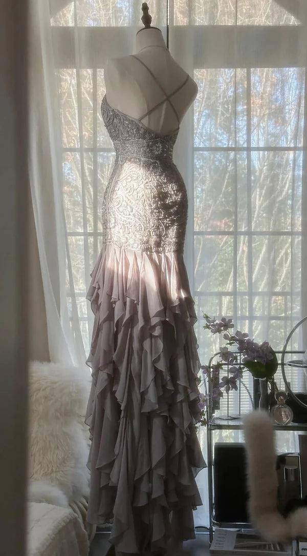 Elegant Purple Spaghetti Strap Applique Bodycon Backless Evening Dress Chiffon Sequin Long Ball Gown Party Dress nv4111