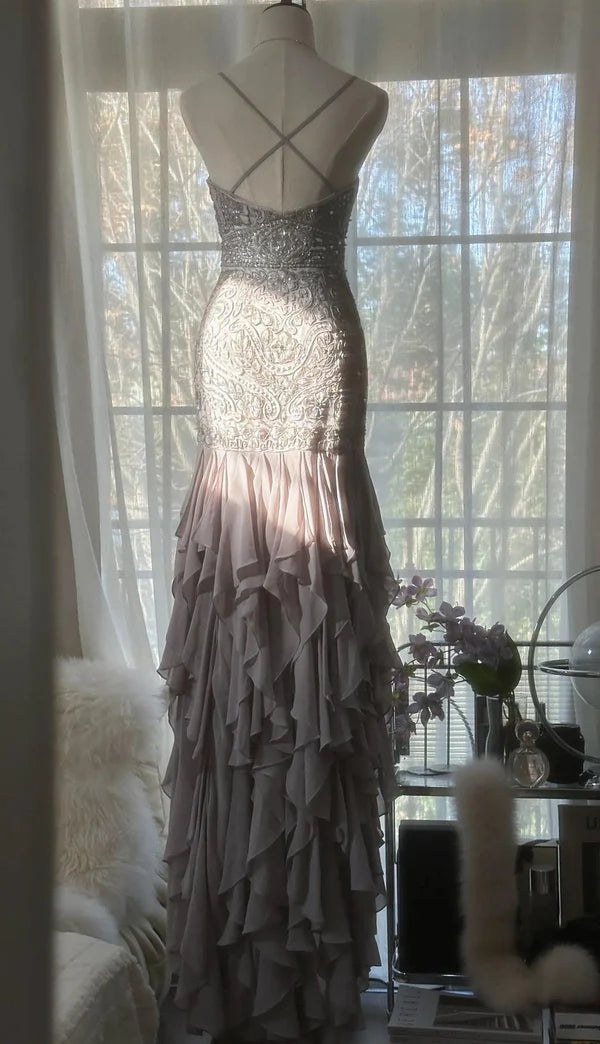 Elegant Purple Spaghetti Strap Applique Bodycon Backless Evening Dress Chiffon Sequin Long Ball Gown Party Dress nv4111