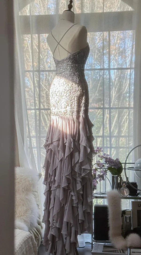 Elegant Purple Spaghetti Strap Applique Bodycon Backless Evening Dress Chiffon Sequin Long Ball Gown Party Dress nv4111