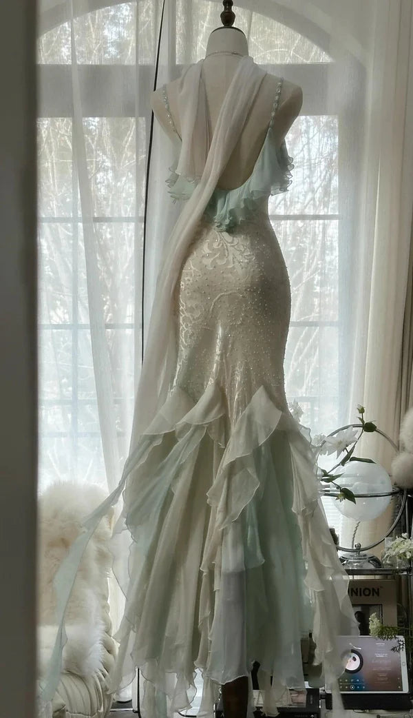 Mint Green Fashionable Elegant Spaghetti Straps Delicate Notes Long Ruffled Mermaid Chiffon Ball Gown Evening Gown Party Gown Prom Gown Graduation Gown nv4034