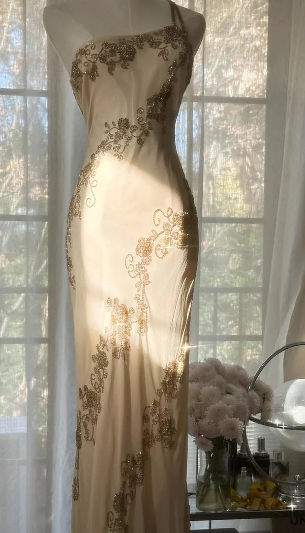 Champagne Vintage Bodycon Dress Chiffon One Shoulder Beaded Long Prom Dress Graduation Prom Dress Evening Dress Party Dress nv4110