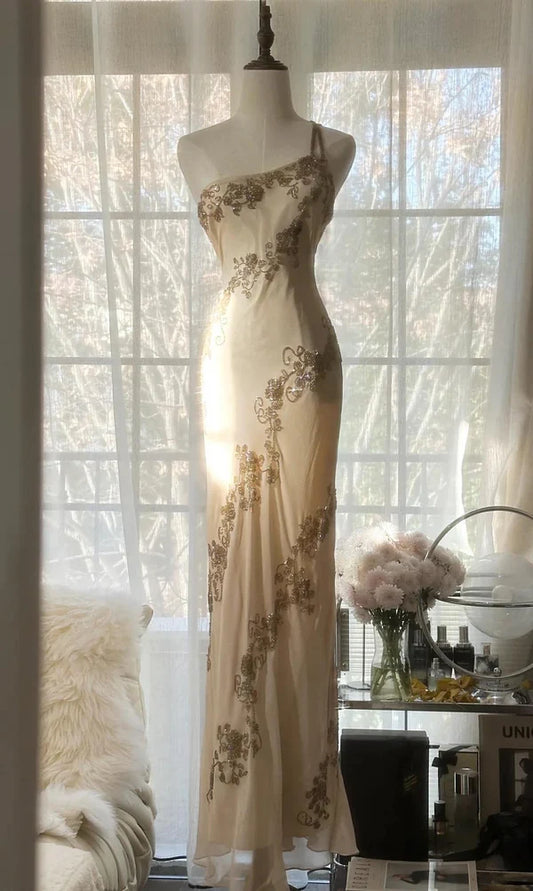 Champagne Vintage Bodycon Dress Chiffon One Shoulder Beaded Long Prom Dress Graduation Prom Dress Evening Dress Party Dress nv4110