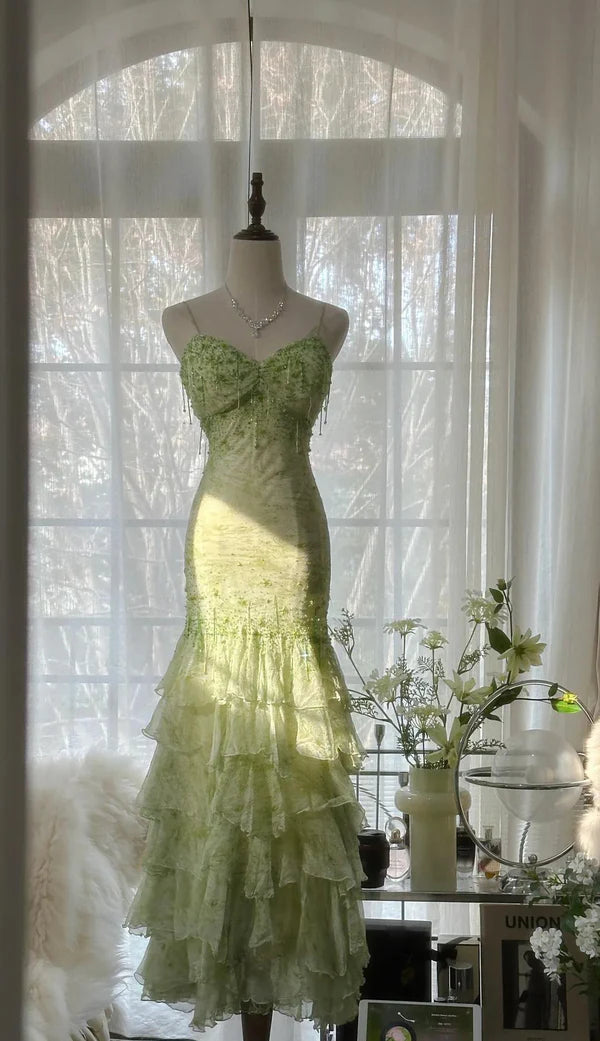 Green Mermaid Vintage Sweetheart Beaded Multi-Layer Long Chiffon Fairytale Ball Gown Party Dress nv4113