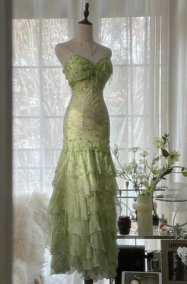 Green Mermaid Vintage Sweetheart Beaded Multi-Layer Long Chiffon Fairytale Ball Gown Party Dress nv4113