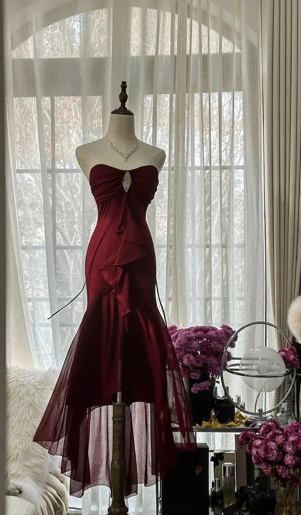 Vintage Red Mermaid Off-the-shoulder Long Chiffon Ball Gown Graduation Prom Dress Party Dress nv3761