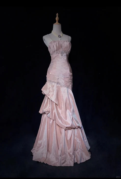 Pink Beautiful Mermaid Long Evening Dress Spaghetti Straps Satin Ruffled Ball Gown Beaded nv4290